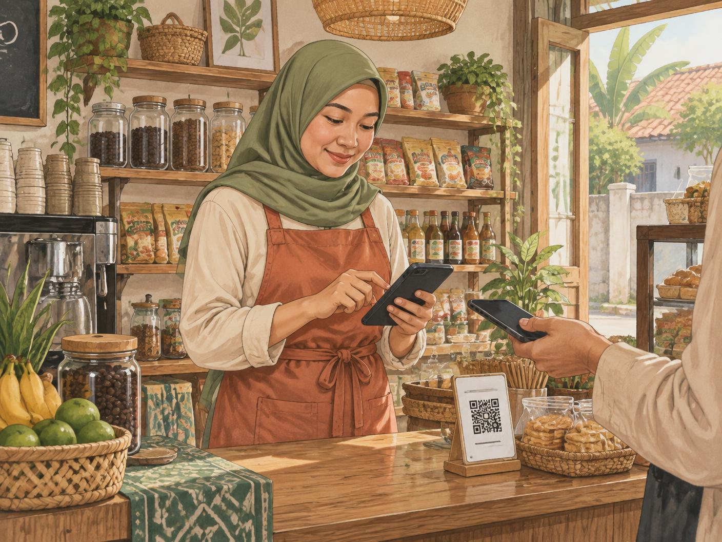 Ibu pemilik UMKM Indonesia yang sedang tersenyum bangga menggunakan aplikasi kasir digital di warungnya